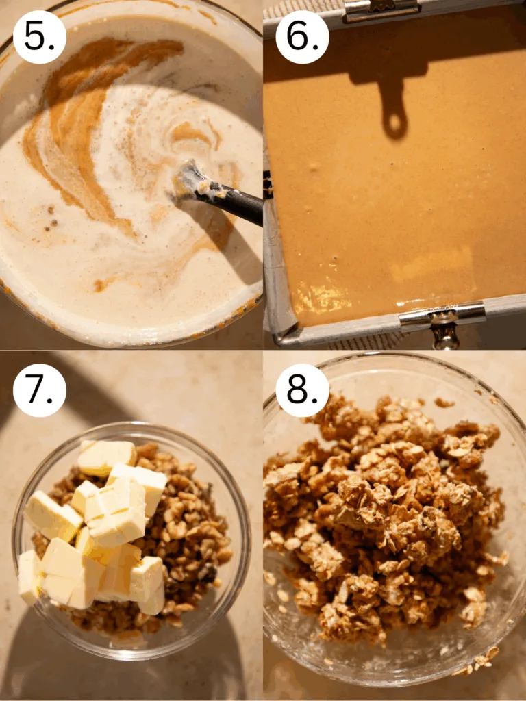 Step-by-step collage showing pumpkin filling mixed with cream, poured over graham crust, and topped with an oat streusel made from butter, oats, and brown sugar.