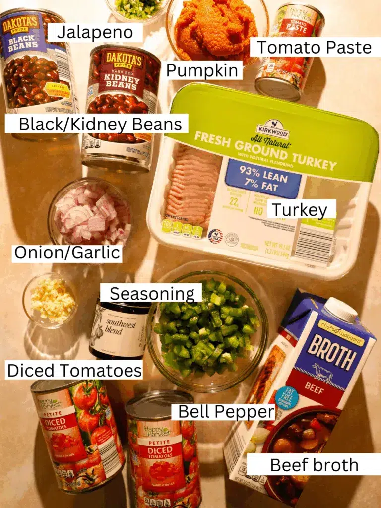Overhead photo of ingredients for turkey and bean pumpkin chili including ground turkey, black beans, kidney beans, pumpkin puree, diced tomatoes, onion, garlic, bell pepper, jalapeño, tomato paste, beef broth, and seasoning.