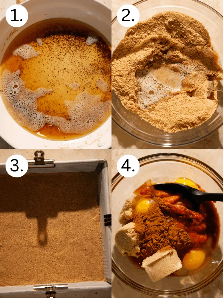 Step-by-step collage showing browned butter in a saucepan, graham cracker crumbs mixed with butter, crust pressed into a pan, and pumpkin pie filling ingredients in a bowl.