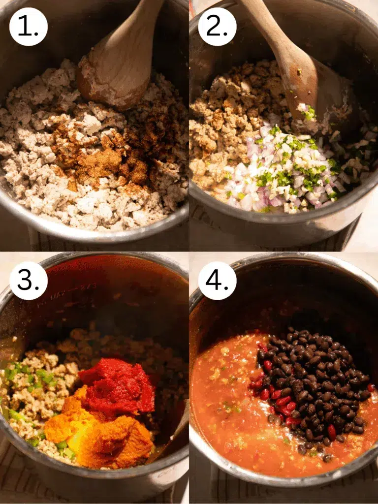 Four-step collage showing how to make Instant Pot turkey and bean pumpkin chili: browning ground turkey with seasoning, adding onion, garlic, and jalapeño, stirring in pumpkin and tomato paste, and adding beans and diced tomatoes before cooking.