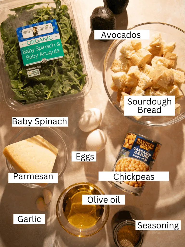 Overhead view of ingredients for a spinach Caesar salad including baby spinach, avocados, chickpeas, sourdough bread, parmesan, garlic, eggs, olive oil, and seasoning.