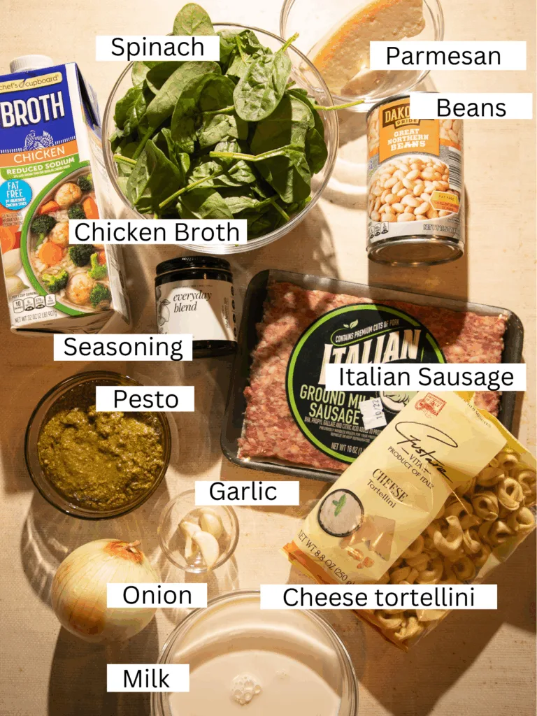 Overhead view of ingredients for white tortellini soup including Italian sausage, cheese tortellini, spinach, pesto, white beans, broth, and The Hearty Life Everyday Blend seasoning.