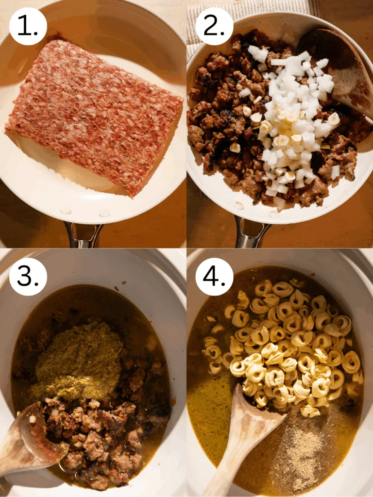 Step-by-step photos showing sausage browned with onion and garlic, then combined with pesto, broth, and cheese tortellini in a slow cooker.