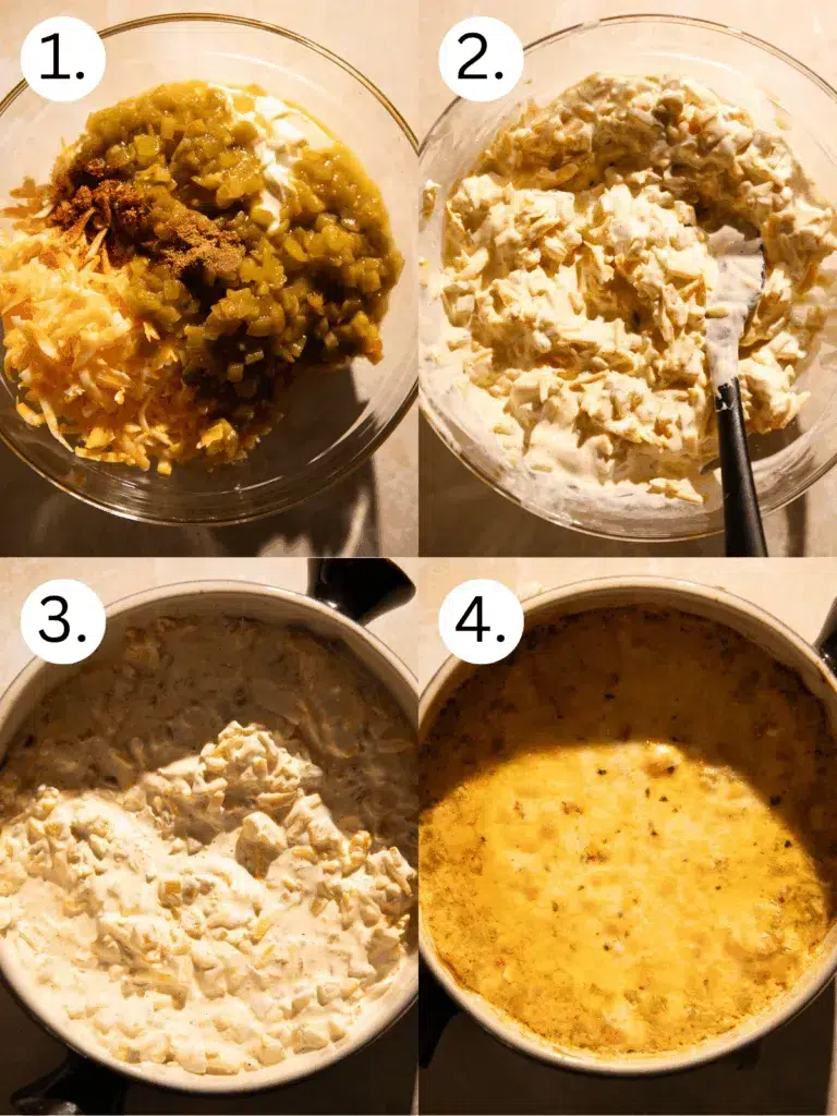 Mixing bowl with cream cheese, shredded cheese, green chiles, and spices before stirring.