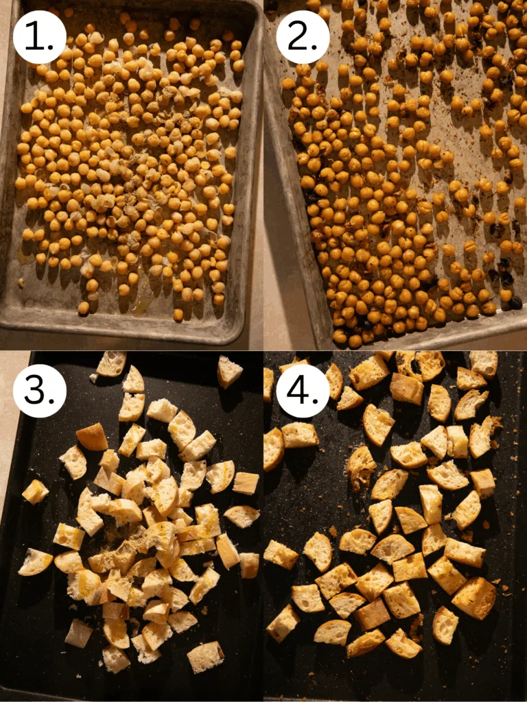 Side by side trays showing chickpeas before roasting with seasoning and after roasting until crispy for salad topping.