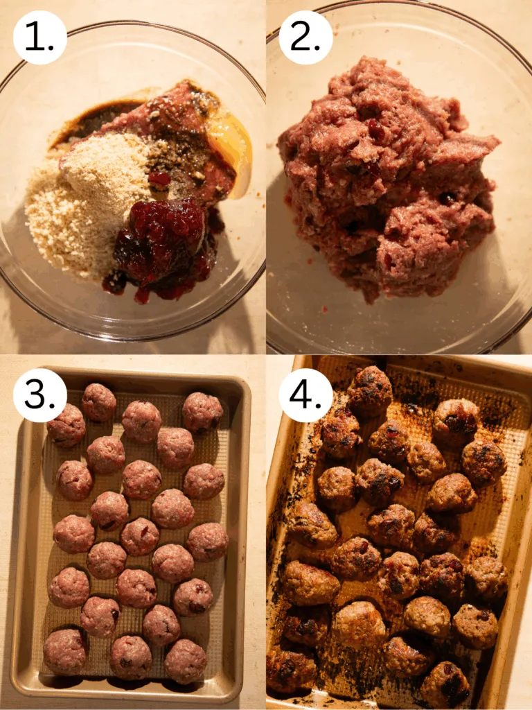 Process collage showing how to make cranberry balsamic meatballs — mixing ingredients, shaping into balls, and baking until golden brown on a sheet pan.