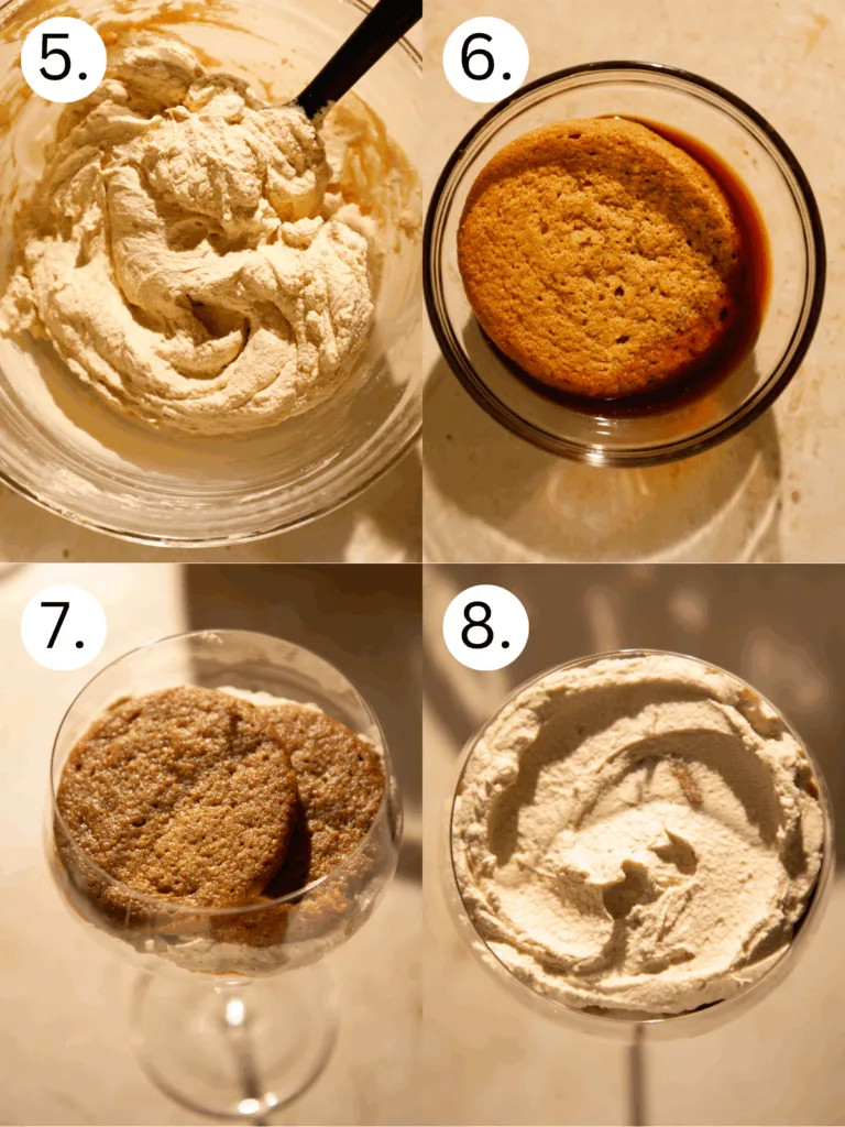 Step-by-step assembly of gingerbread tiramisu cups, dipping gingersnaps in espresso and layering with mascarpone cream in dessert glasses.