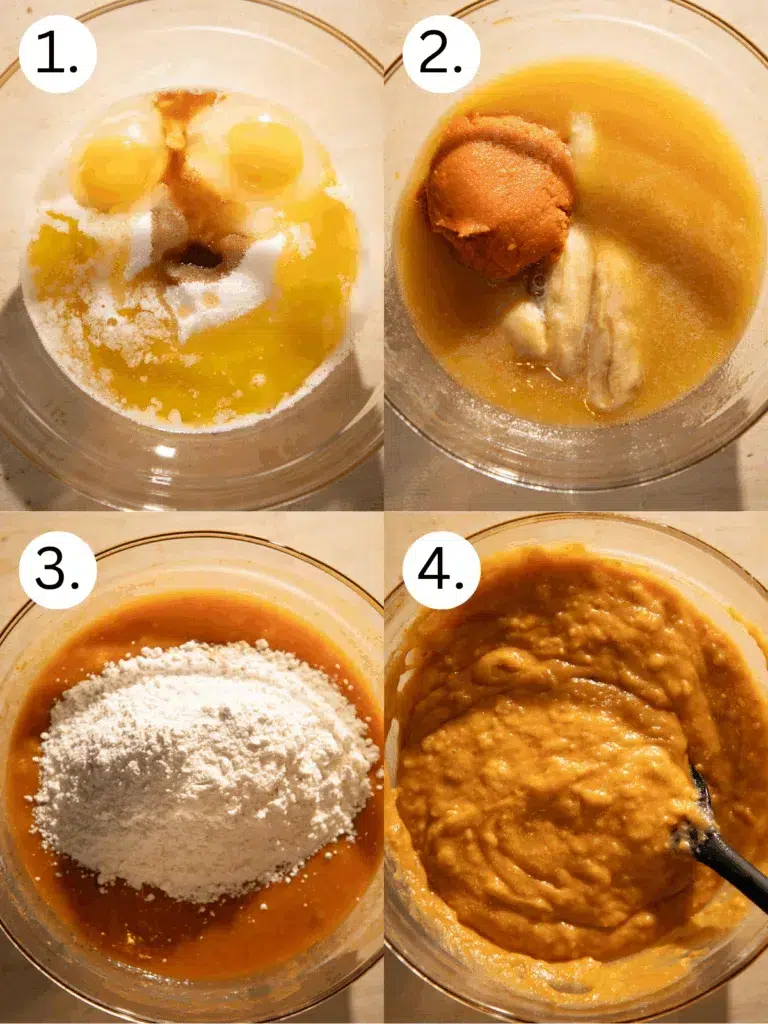 Step-by-step process of making maple pumpkin banana bread in one bowl: whisking eggs, sugar, and butter, adding pumpkin and bananas, mixing in flour and cinnamon, and folding into a smooth batter.