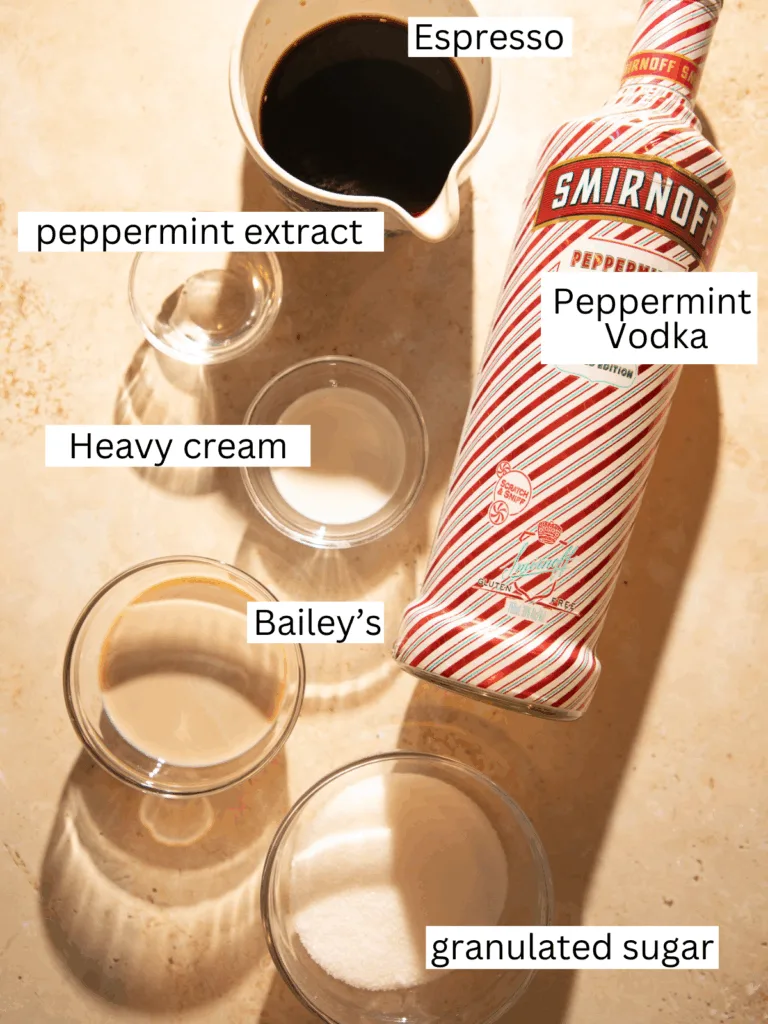 Overhead view of ingredients for a peppermint espresso martini, including espresso, peppermint vodka, Bailey’s, heavy cream, peppermint extract, and sugar.