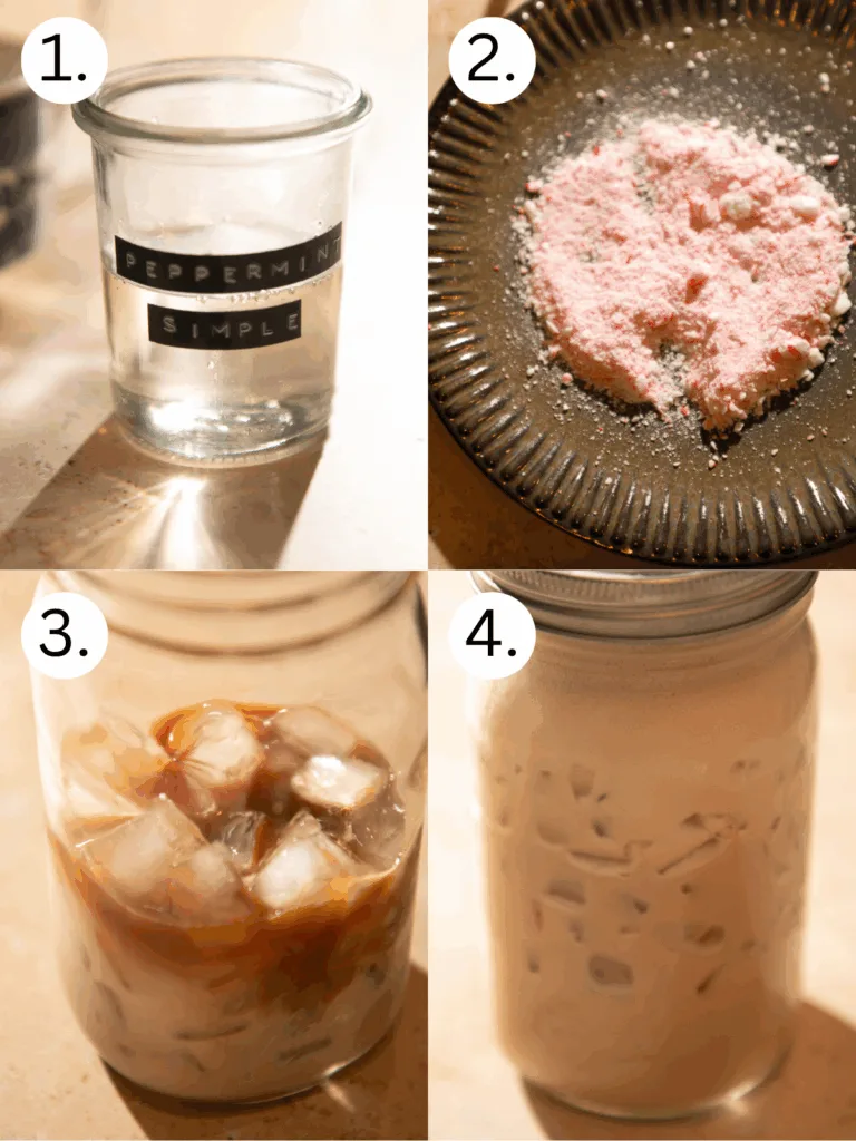 Four-step process showing how to make a peppermint espresso martini: peppermint simple syrup in a glass jar, crushed candy canes on a plate, iced espresso mixture in a mason jar, and the finished creamy martini.