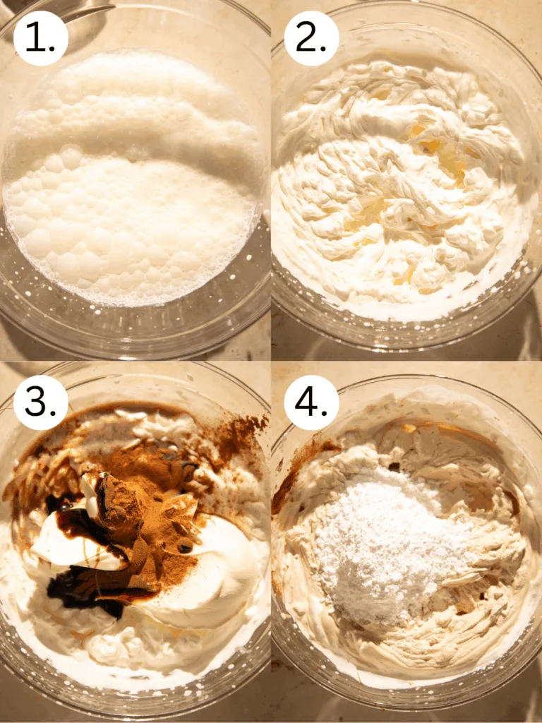 Step-by-step process showing whipped cream being made and combined with mascarpone, molasses, cinnamon, and powdered sugar for gingerbread tiramisu filling.