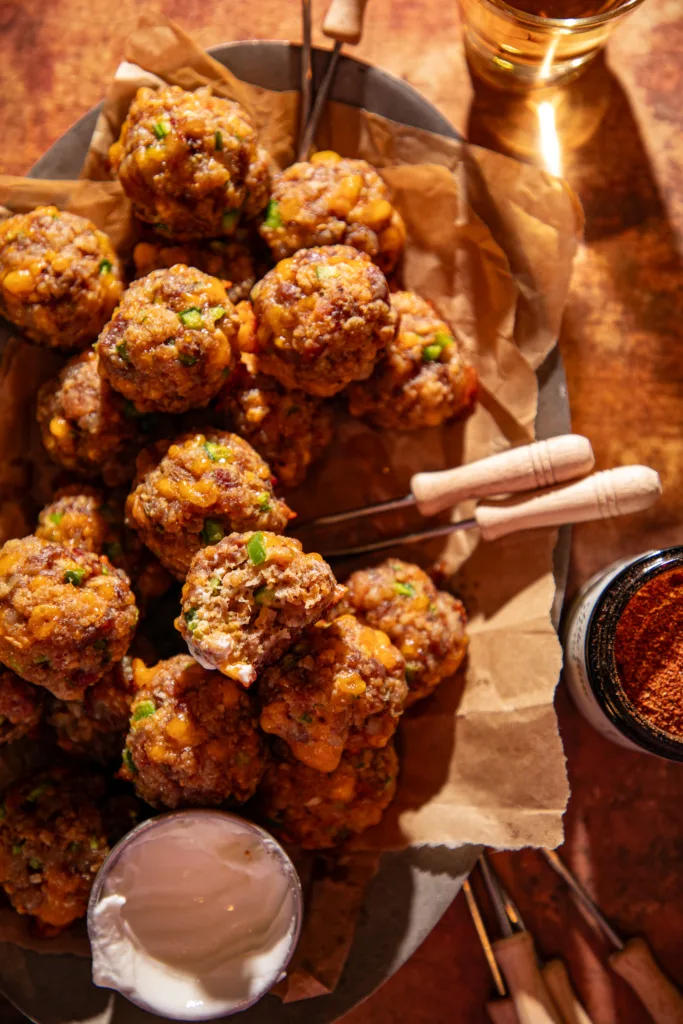 Jalapeño popper meatballs on parchment paper with toothpicks and creamy dip.