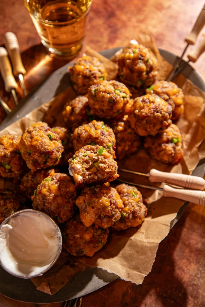 Jalapeño popper meatballs served with sour cream dip and drinks on a rustic surface.
