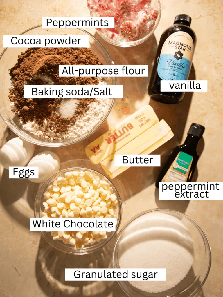 Overhead view of ingredients for chocolate peppermint thumbprint cookies including cocoa powder, flour, butter, eggs, sugar, and peppermint candies.