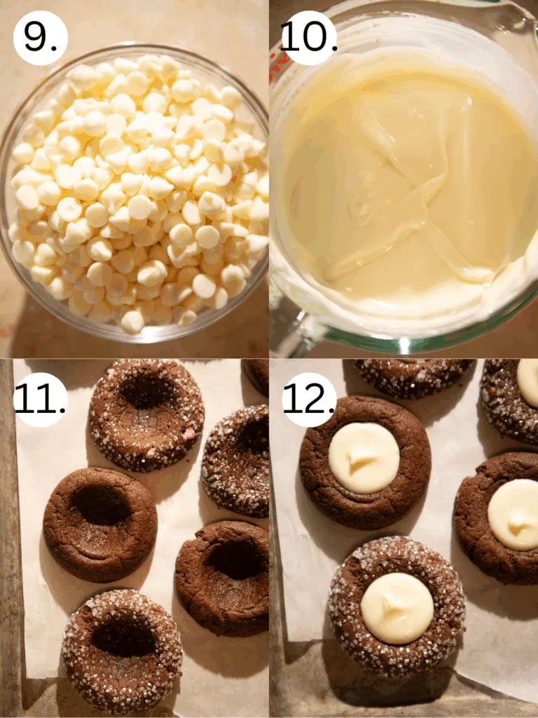 White chocolate being melted, baked chocolate thumbprints on a tray, and filled cookies ready to set.