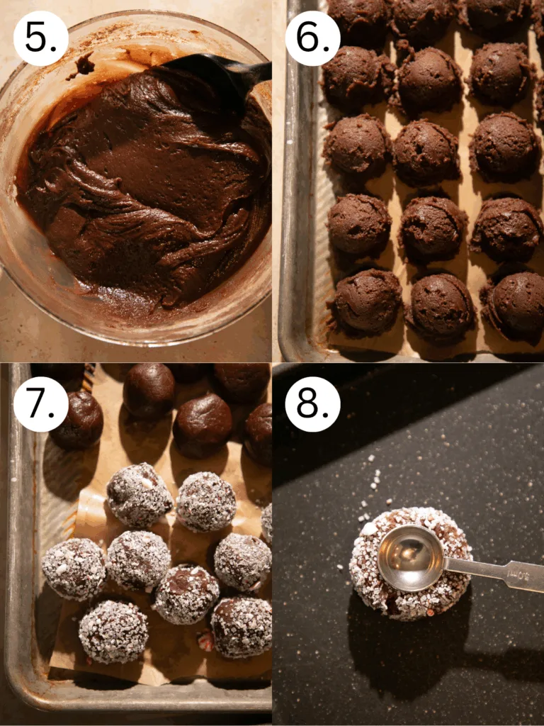 Process shots of chocolate cookie dough scooped, rolled in crushed peppermint and sugar, and pressed with a teaspoon to make thumbprints.