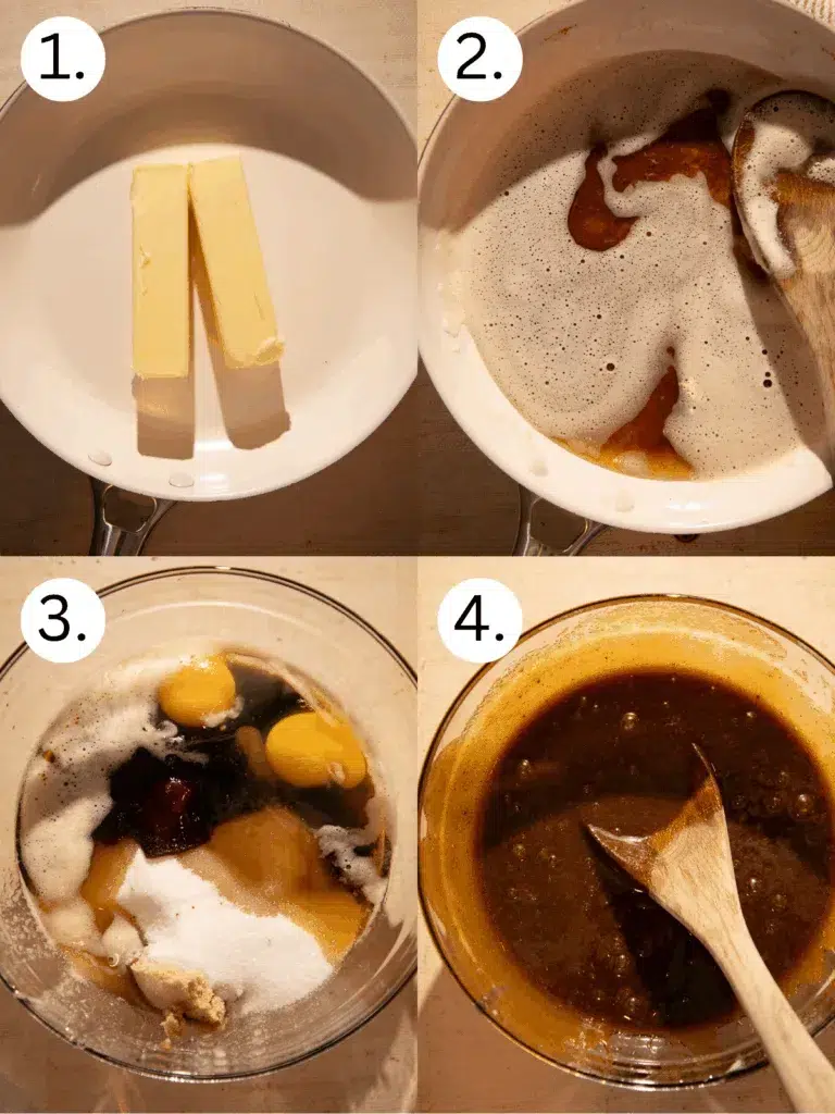 Step-by-step collage showing butter melting and browning, then combined with sugars, molasses, espresso, and eggs for gingerbread bar batter.