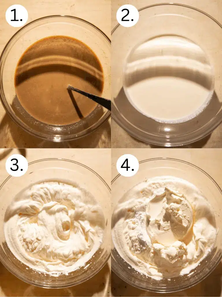 Four-step collage showing the process of making peppermint mocha tiramisu cups. The first frame shows espresso mixed with Bailey’s and peppermint extract. The second shows heavy cream before whipping. The third shows the cream whipped to soft peaks. The fourth shows mascarpone and powdered sugar added to the whipped cream.