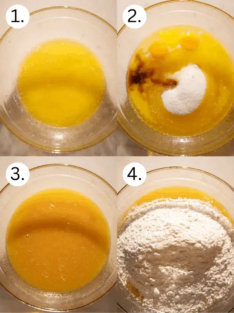 Four step cookie collage showing melted butter, wet ingredients and sugar mixed together, smooth batter, and flour being added to the bowl.