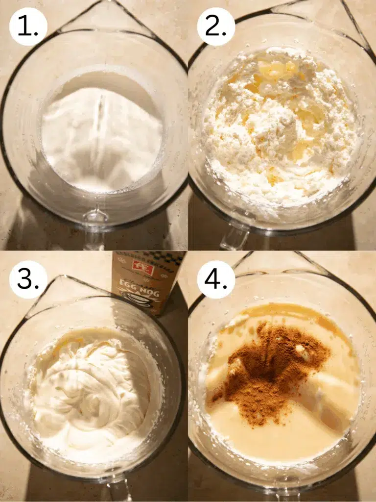 Four-step collage showing the process of making no-churn eggnog ice cream: heavy cream in a mixer, whipped cream peaks, condensed milk folded in, and cinnamon added to the eggnog mixture.