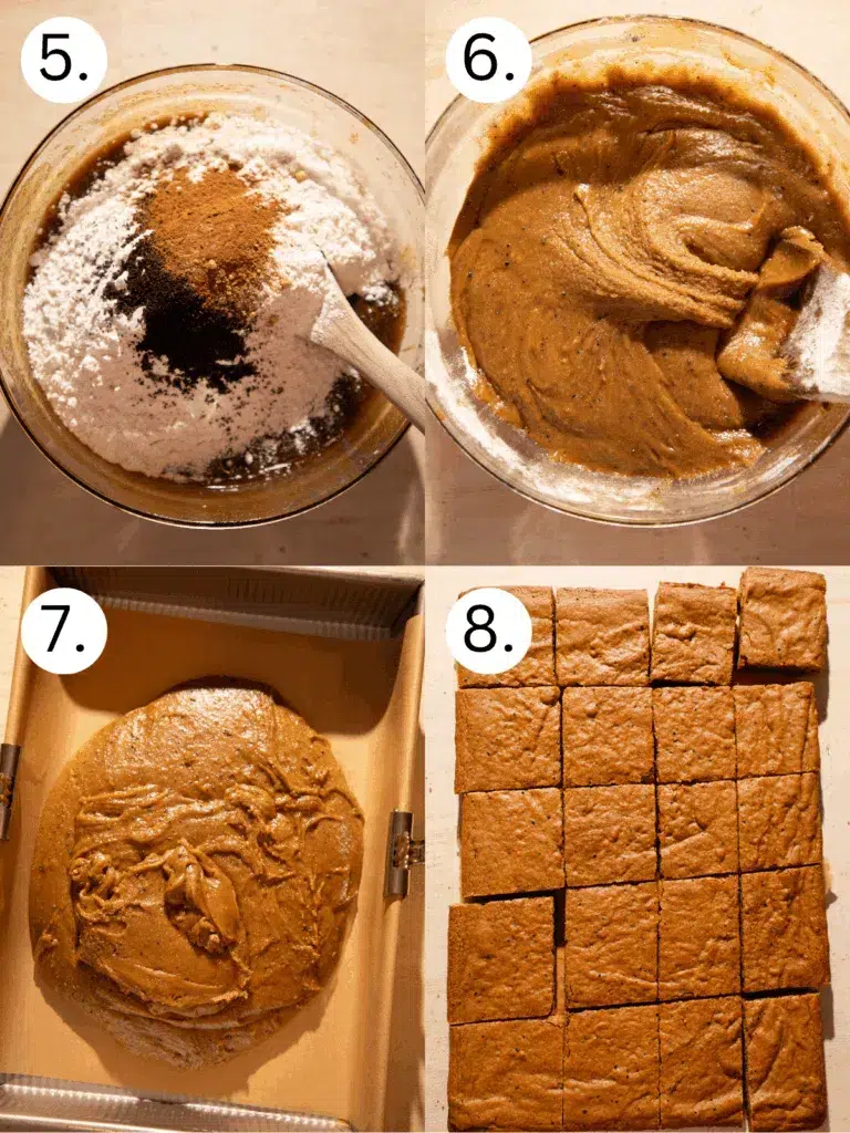 Step-by-step collage showing dry ingredients and spices folded into the wet mixture, batter spread into a pan, and baked gingerbread bars cut into squares.