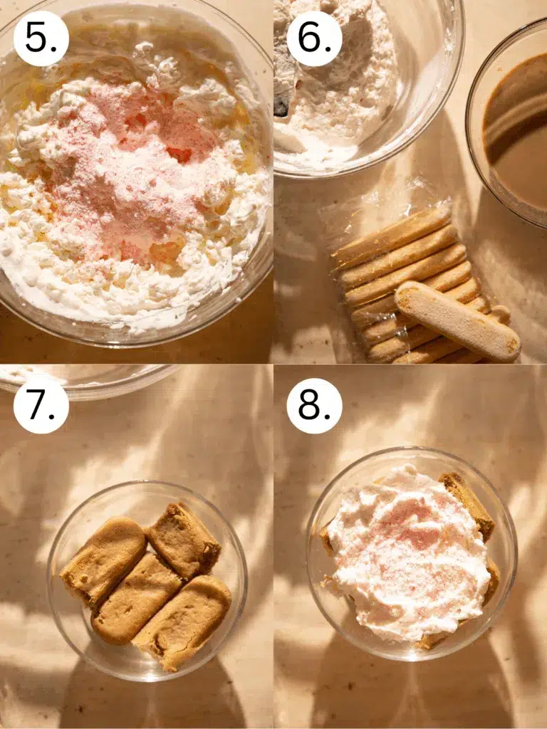 Two-frame collage showing crushed peppermint folded into the whipped mascarpone cream, followed by the fully combined peppermint cream. The collage also includes a small stack of ladyfingers and a bowl of espresso soak beside the bowl of filling.