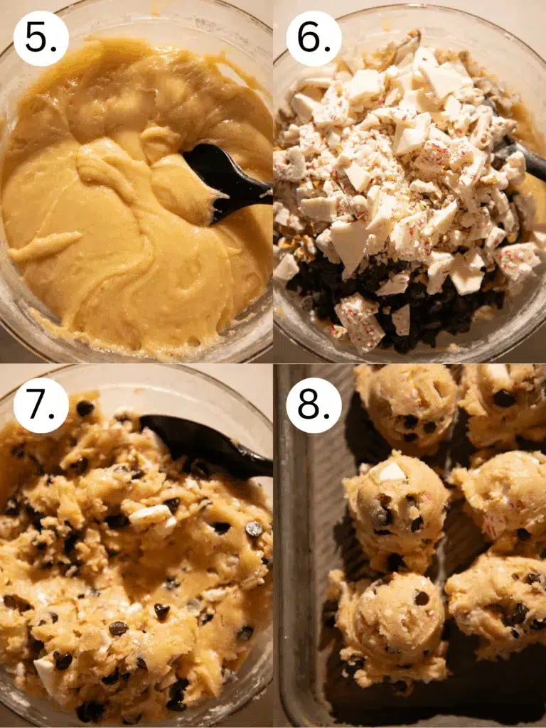 Four step collage showing cookie dough before mix ins, dough with peppermint bark and pretzels added, fully mixed dough, and scooped cookie dough balls on a sheet pan.