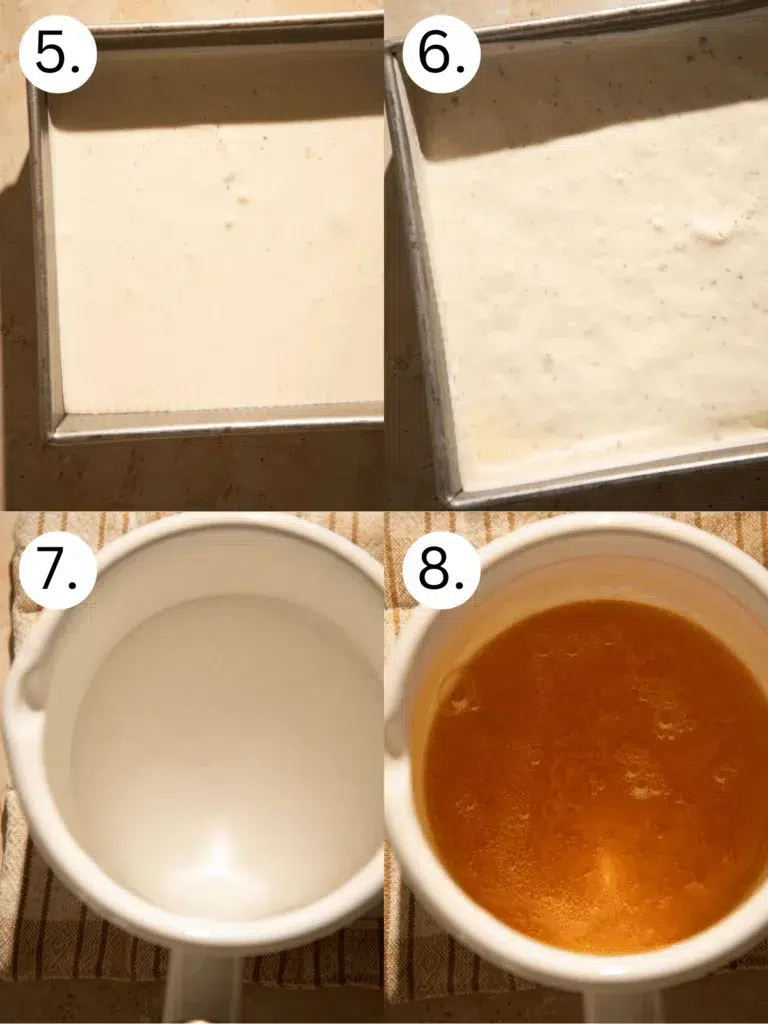 Four-step collage showing no-churn eggnog ice cream spread in a pan before freezing, fully frozen ice cream, granulated sugar in a saucepan, and sugar melted into a golden caramel.