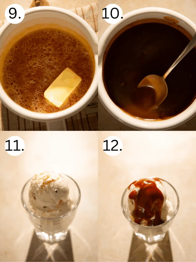 Four-step collage showing butter melting into caramel, finished caramel stirred, a scoop of eggnog ice cream in a glass, and the ice cream topped with caramel sauce.