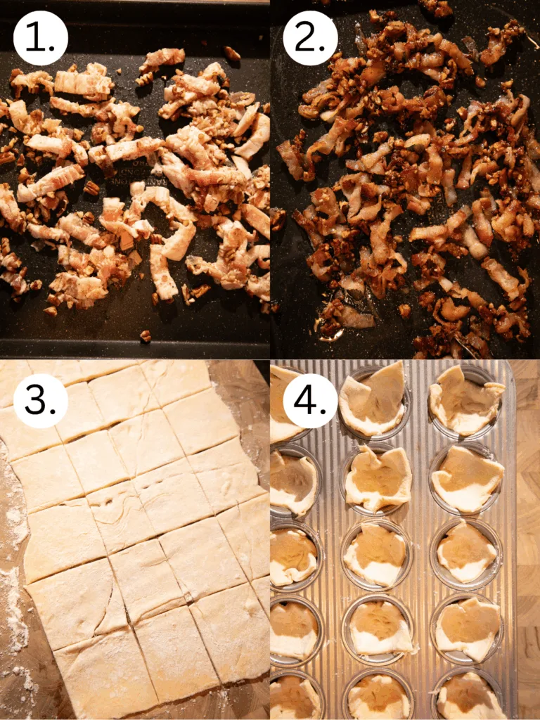 Step-by-step process showing bacon and pecans cooking, dough cut into squares, and crescent dough pressed into muffin tin cups.