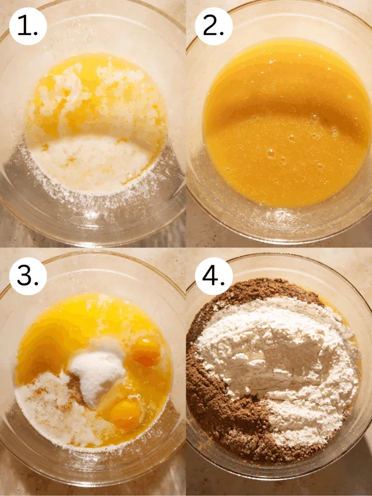 Step-by-step photos showing butter and sugar being mixed, eggs added, and dry ingredients like cocoa and flour combined for cookie dough.