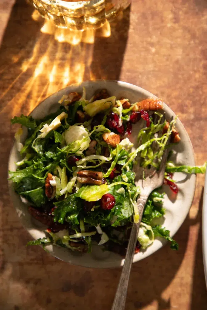 Small bowl of shaved Brussels sprout and kale salad with maple vinaigrette, toasted pecans, dried cranberries, and cheese shavings.
