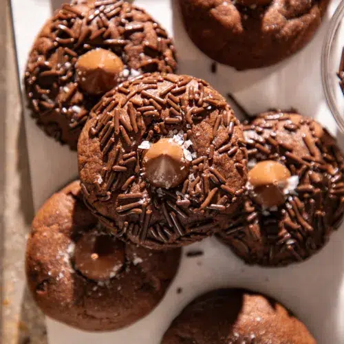 Freshly baked double chocolate espresso blossom cookies topped with chocolate kisses, chocolate sprinkles, and flaky sea salt.
