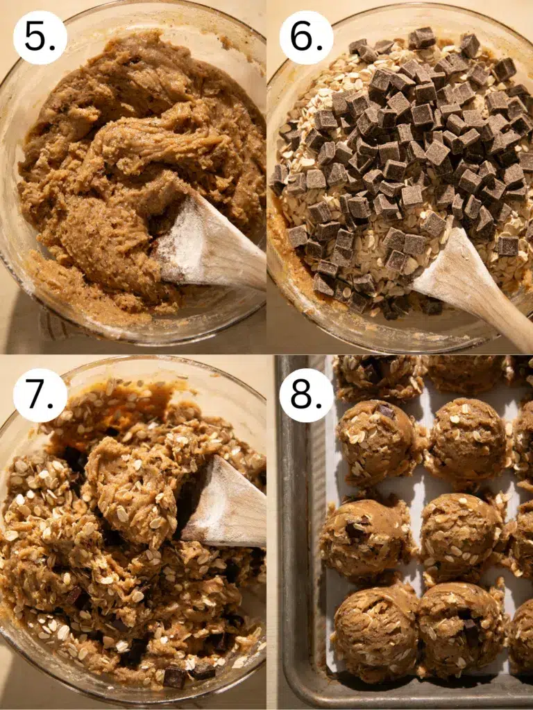 Cookie dough mixed until smooth, then combined with oats and chocolate chunks, stirred together, and scooped onto a baking sheet for brown butter espresso oatmeal chocolate chunk cookies.