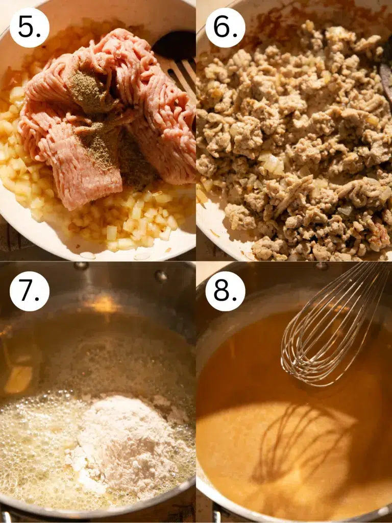 Steps showing ground chicken cooked with onion and seasoning, followed by starting a roux for the béchamel sauce.