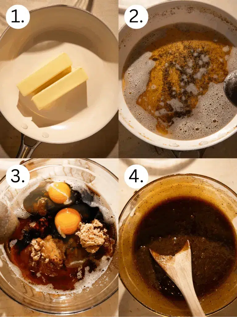 Step-by-step collage showing how to make brown butter gingerbread oatmeal cookies: butter in pan, butter browned with toasted bits, wet ingredients combined in a bowl, and a smooth dark gingerbread mixture being mixed.