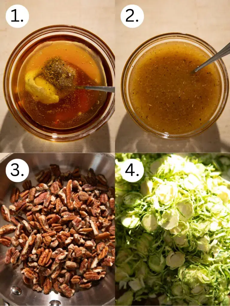 Maple vinaigrette ingredients whisked together, toasted pecans warming in a pan, and thinly sliced Brussels sprouts prepared for the kale and Brussels sprout salad.