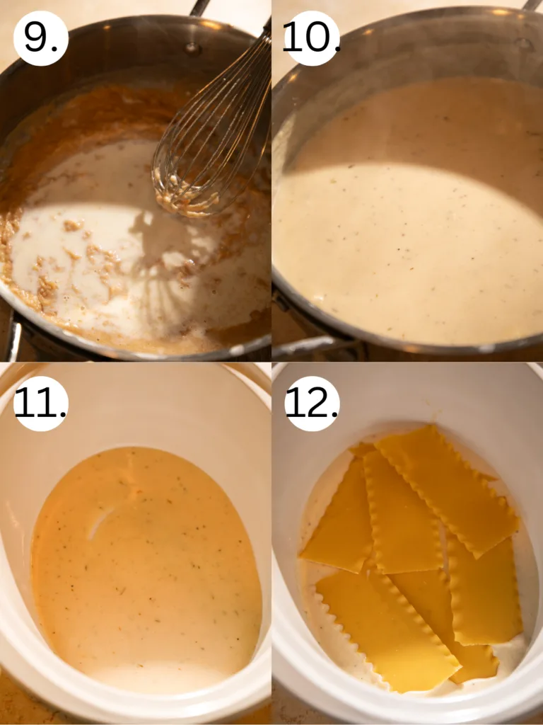 Steps showing béchamel sauce finished and layered with lasagna noodles in the slow cooker.