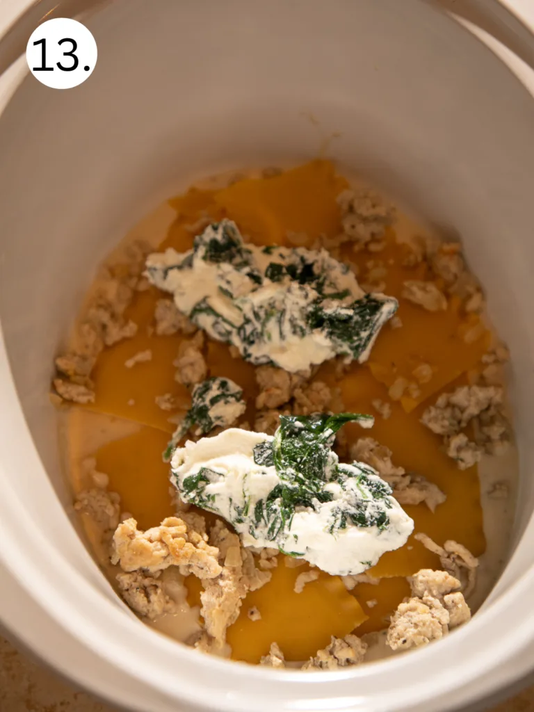 Steps showing ricotta spinach mixture, ground chicken, and mozzarella layered in the slow cooker.
