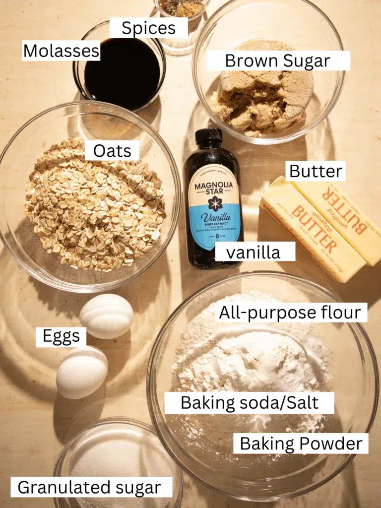 Overhead view of ingredients for brown butter gingerbread oatmeal cookies laid out on a neutral surface. Bowls of rolled oats, molasses, brown sugar, granulated sugar, flour, spices, and baking powder are arranged around butter, vanilla extract, and eggs.