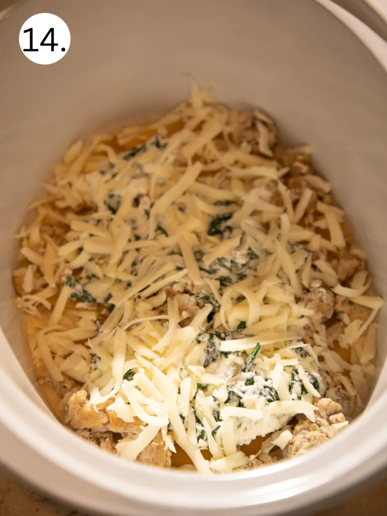 Steps showing ricotta spinach mixture, ground chicken, and mozzarella layered in the slow cooker.