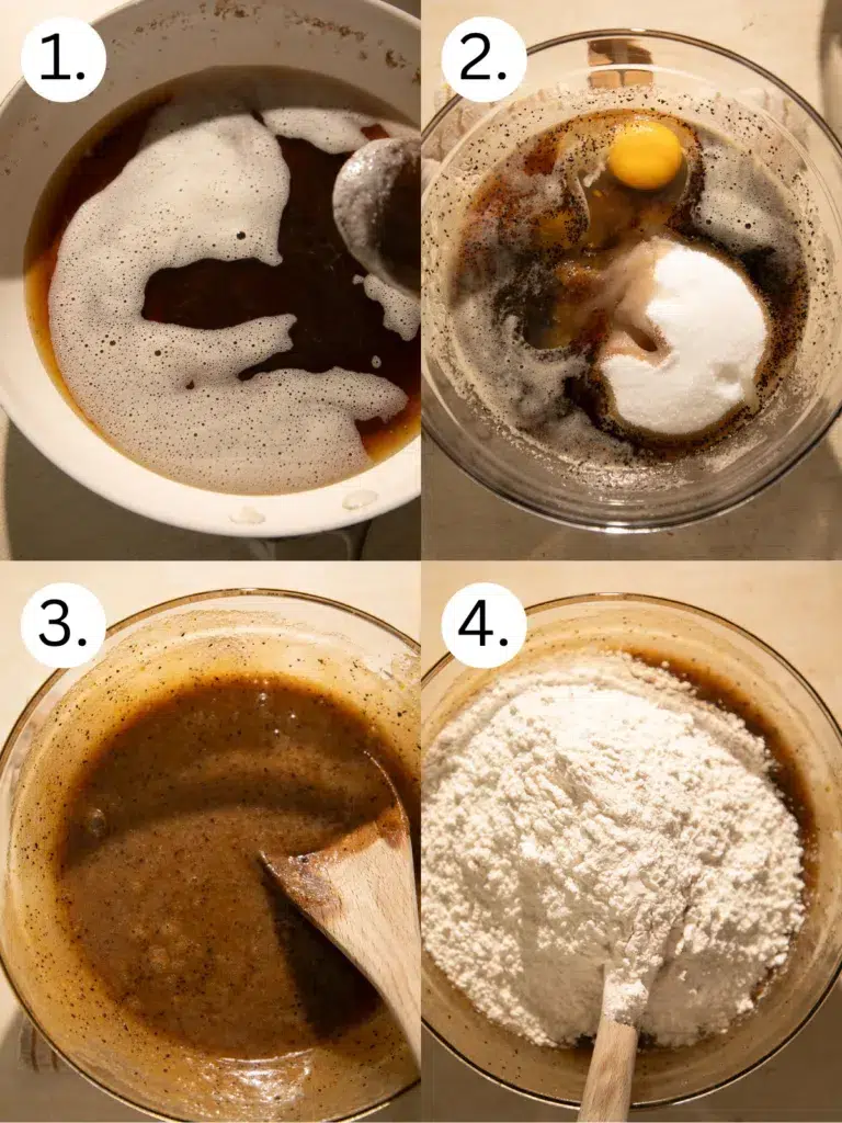 Brown butter cooling in a pan, then mixed with sugar, espresso, and eggs before adding the dry ingredients to begin the oatmeal chocolate chunk cookie dough.