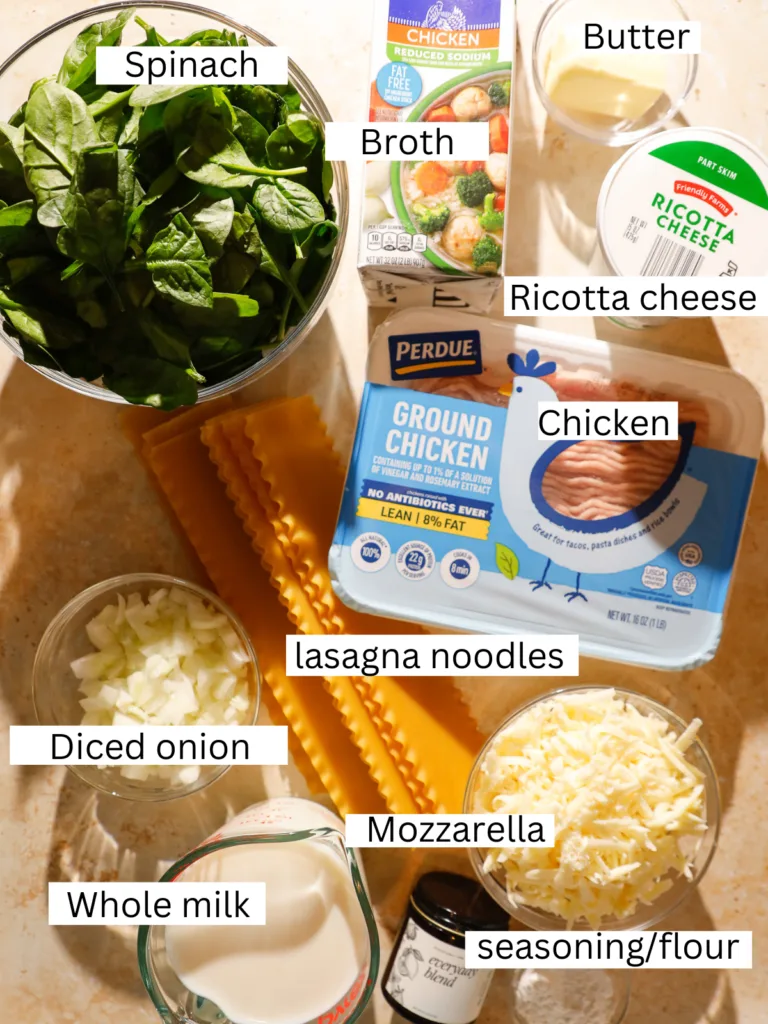 Ingredients for slow cooker white chicken lasagna including ground chicken, ricotta cheese, spinach, lasagna noodles, mozzarella, milk, butter, onion, and chicken broth.