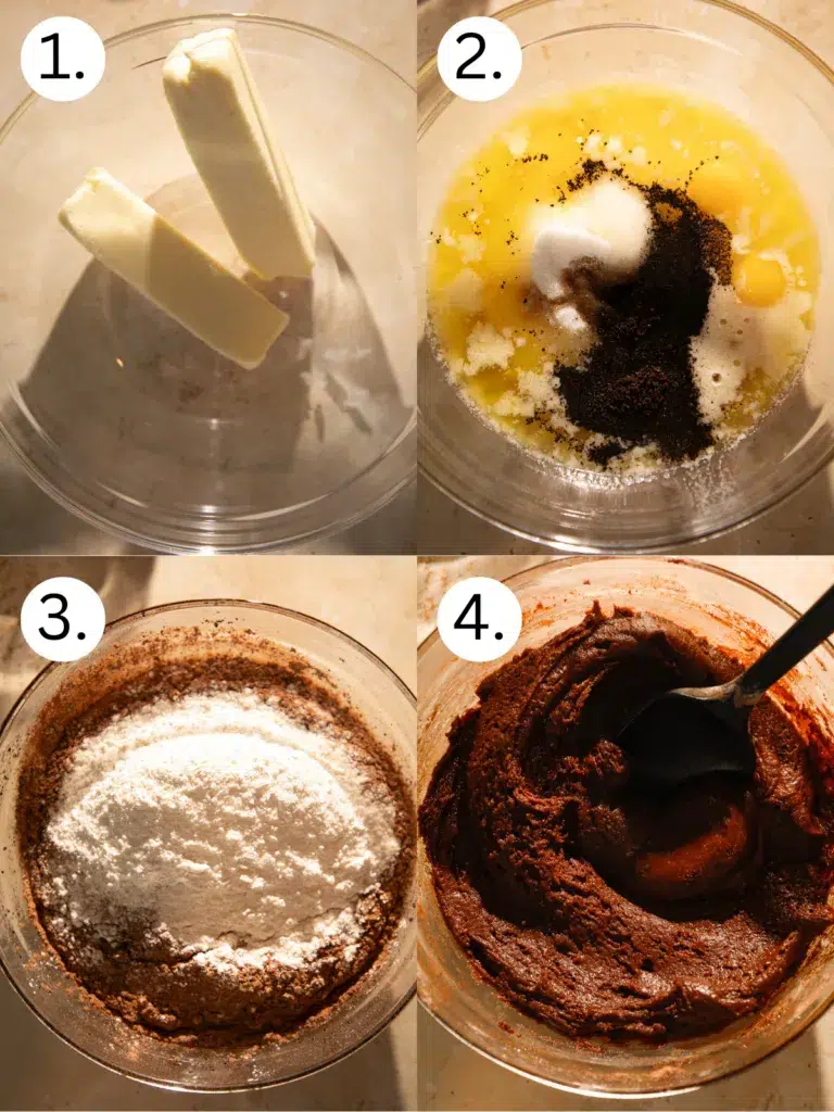 Step-by-step images showing butter, espresso, dry ingredients, and mixed chocolate cookie dough in a bowl for double chocolate blossom cookies.
