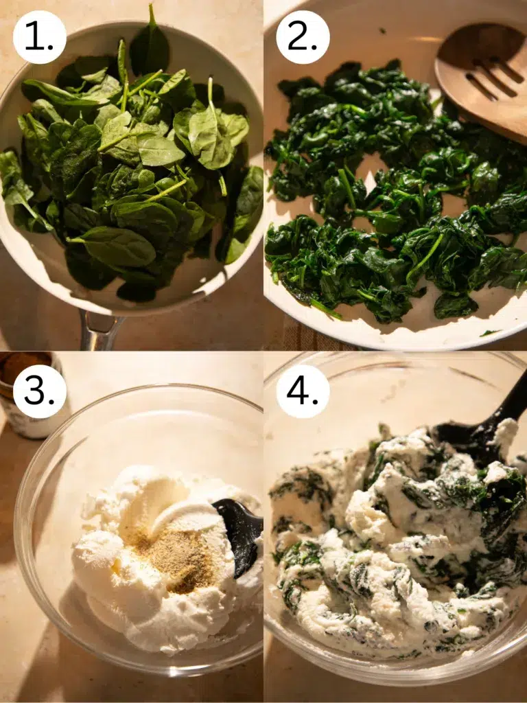 Steps showing spinach being cooked and mixed with ricotta cheese to create the ricotta spinach layer for slow cooker white chicken lasagna.