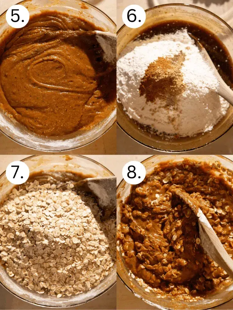 Collage showing gingerbread cookie batter being prepared: wet mixture, dry ingredients and spices added, rolled oats mixed in, and final thick dough ready to rest.
