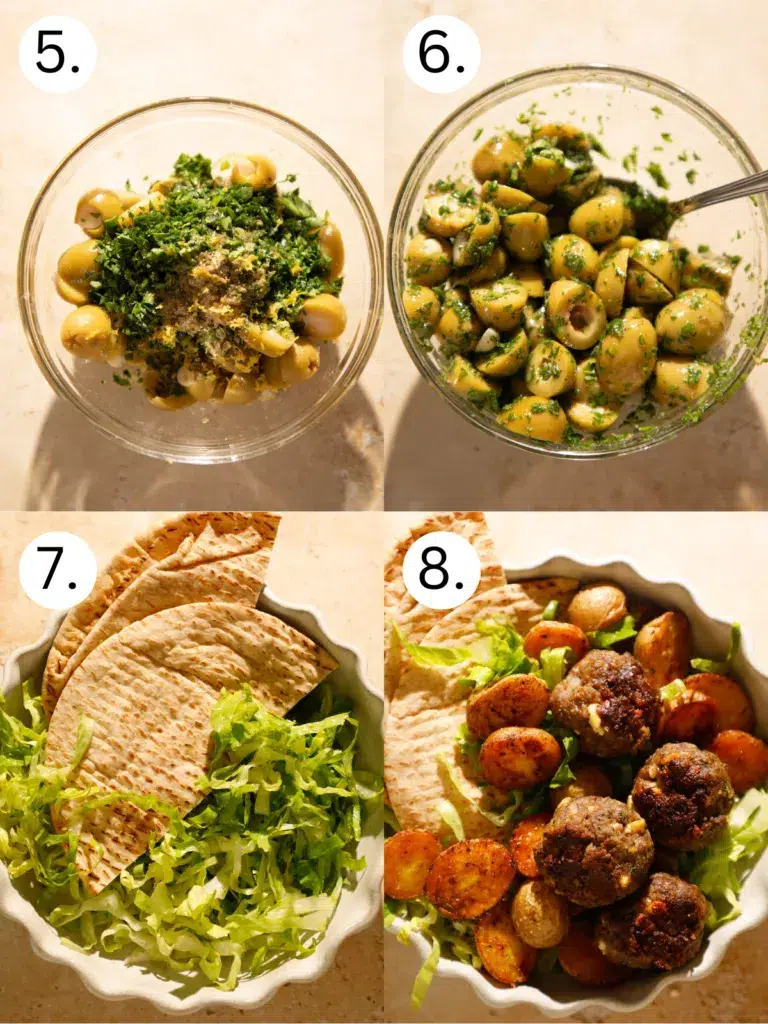 Step by step process of making a lemony olive salad and assembling sheet pan lemon feta meatballs with roasted potatoes and pita bread.