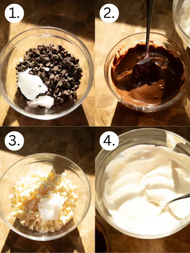 Step by step process of melting milk chocolate and white chocolate with coconut oil until smooth for no-bake Valentine’s Day gummy bark.