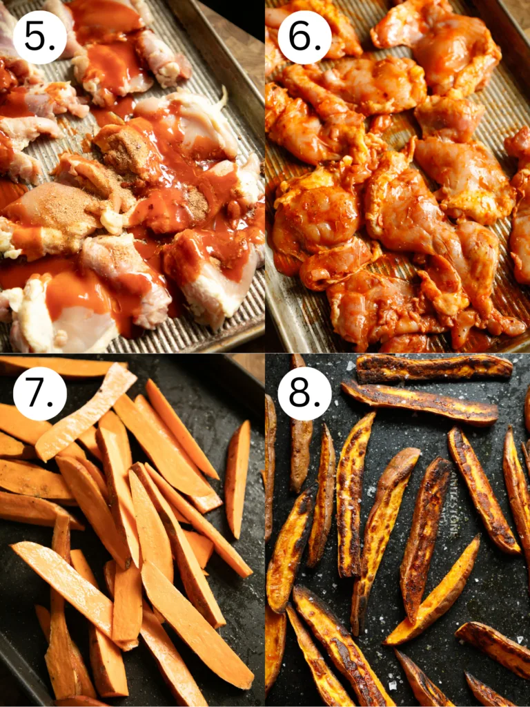 Step-by-step prep for buffalo chicken pitas including quick pickled onions and cucumbers, yogurt sauce, seasoned chicken thighs, and sweet potato fries on sheet pans.