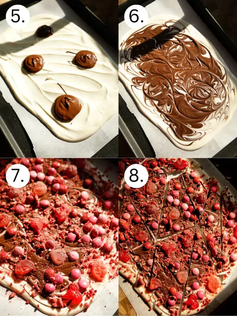 Process photos showing white chocolate spread on a lined pan, swirled with milk chocolate, topped with Valentine’s candy and sprinkles, then sliced into bark pieces.